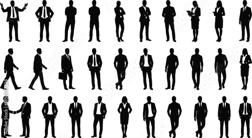 Business people silhouettes in formal suits showing various poses and actions, professional vector set for corporate, leadership, office and teamwork concepts