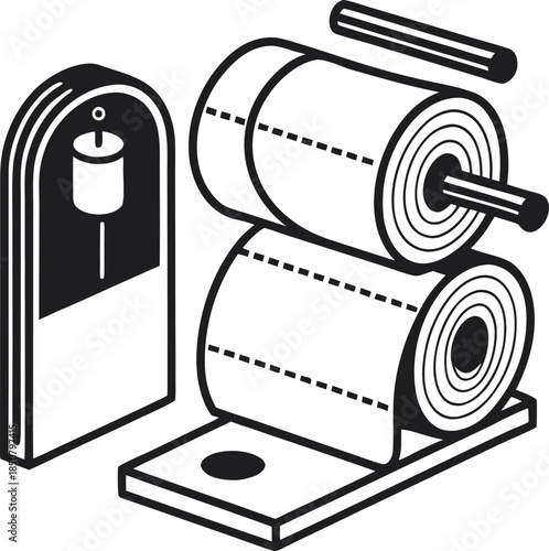 Industrial paper roll holder with cutter and spare roll on tray