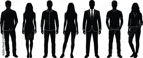 Diverse group of men and women silhouettes standing in a row, casual and business clothing, modern vector illustration for lifestyle, team and community concepts