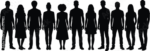 Diverse group of men and women silhouettes standing in a row, human figures representing teamwork, community, diversity and social identity concepts