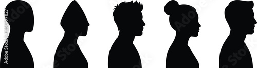 Human head profile silhouettes in side view with different hairstyles, male and female faces, clean vector illustration for avatar, identity and design concepts