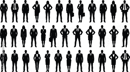 Large collection of business people silhouettes in formal suits, standing poses of men and women, professional vector set for corporate design use