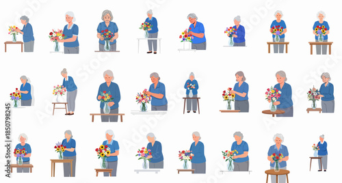 Elderly women arranging colorful flowers in vases set. Collection of vector illustrations showing senior ladies enjoying floristry hobby and creative domestic activity.