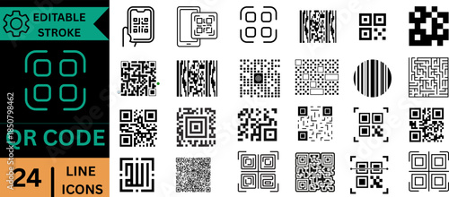 QR Code Line Icons Set – Editable Stroke Scan Barcode Outline Vector