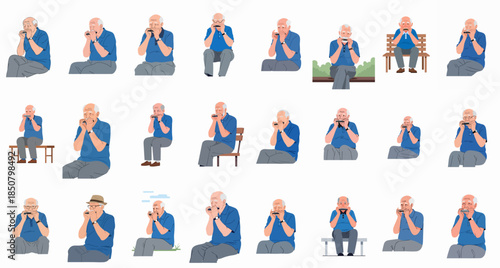 Collection of senior men illustrations sitting and playing the harmonica, showing retirement, musical talent, and leisure activities in various poses.