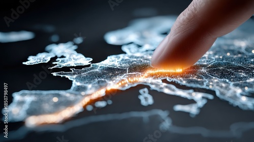A finger points to a glowing route on a dark, illuminated map of Europe