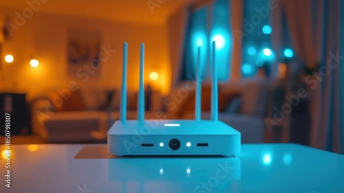 Blue Wi-Fi router on a table in a cozy home.