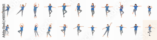 Illustrated Set of Young Women Performing Dance and Ballet Poses, Showcasing Balance, Movement, and Exercise.