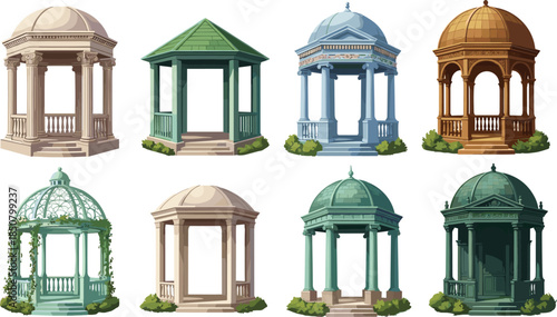 Set of classic ornate gazebo design; victorian garden pergola; elegant pavilion architecture; decorative outdoor summerhouse structure; different styles and colors; landscape element; vintage; recreat