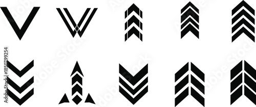 Set of Chevron Arrow Vector Icons, Military Rank and Badge Graphics, Movement and Direction Symbols, Up and Down Pointer Marks, Black and White Monochromatic Geometric Collection