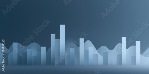 Stylized translucent skyline doubles as financial bars rising across softly layered waves.