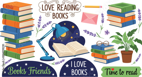 Set of colorful reading and book illustrations, featuring stacked books, desk lamp, plant, glasses, pencil, and "Love Reading Books" text, for literature and education design.