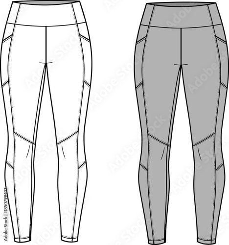cad drawing flat vector illustration, athletic leggings sketch front back view, fashion activewear template, pants design outline, apparel mockup