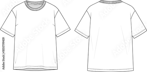 Basic crew neck t shirt technical fashion sketch, front back view casual apparel design template, cad drawing flat vector illustration