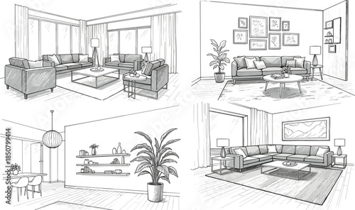 Set of four hand-drawn sketches of modern living room interiors, featuring comfortable sofas, stylish furniture, large windows, and contemporary decor, for architecture and design concepts.