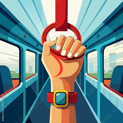 A hand gripping a red subway strap within a moving train carriage