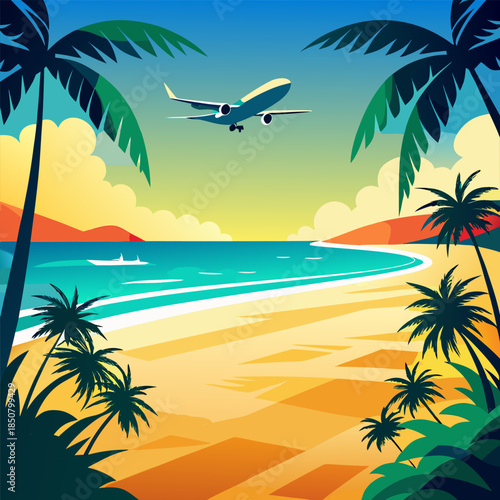Tropical beach scene with a plane flying over a turquoise ocean