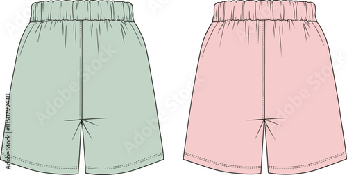 cad drawing flat vector illustration, elastic waistband shorts back view, fashion garment template, clothing design outline, apparel mockup