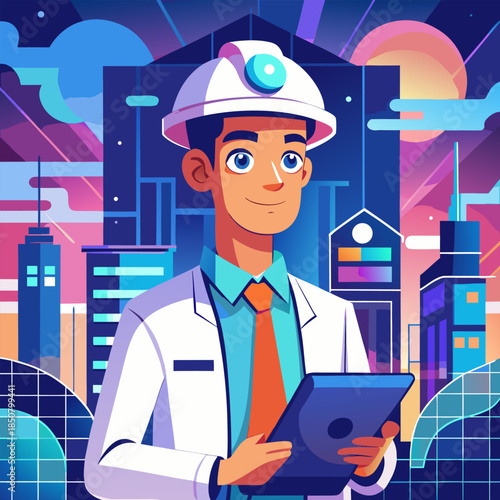 A smiling engineer with a tablet overlooks a futuristic city skyline