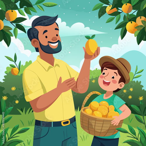 A father and son harvest ripe mangoes together in a lush orchard scene