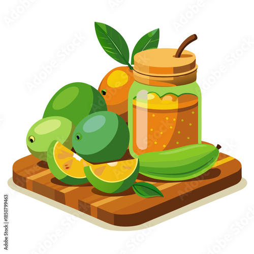 Fresh mangoes honey jar and citrus fruits arranged on a wooden serving board
