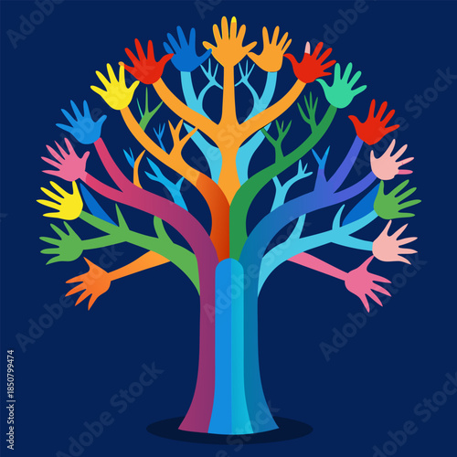 A vibrant tree formed by many colorful hands reaching upwards together