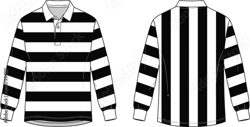 cad drawing flat vector illustration, rugby shirt front back view, fashion garment template, clothing design outline, apparel mockup