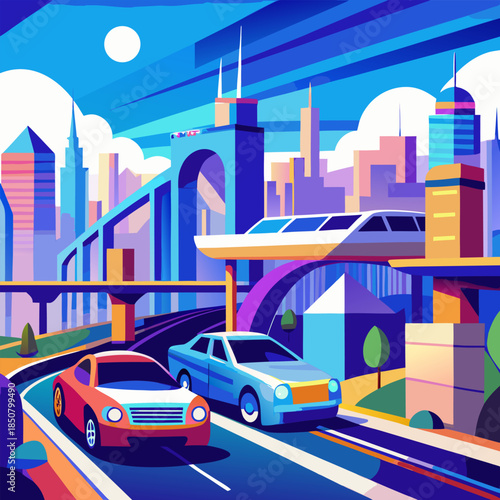 Futuristic cityscape with elevated trains roads and colorful geometric buildings