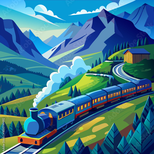 A vibrant illustration of a blue train traveling through a scenic mountain landscape