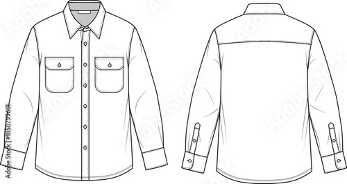 Men long sleeve button shirt technical fashion sketch, front back view pocket apparel design template, cad drawing flat vector illustration