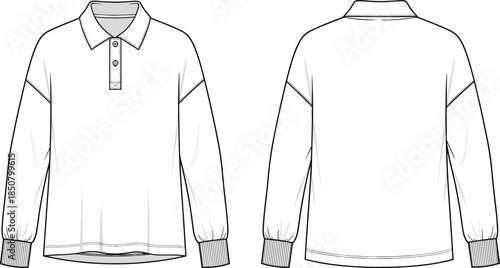 Men long sleeve polo shirt technical fashion sketch, front back view casual apparel design template, cad drawing flat vector illustration