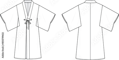 Traditional kimono robe technical fashion sketch, front back view wrap garment design template, cad drawing flat vector illustration