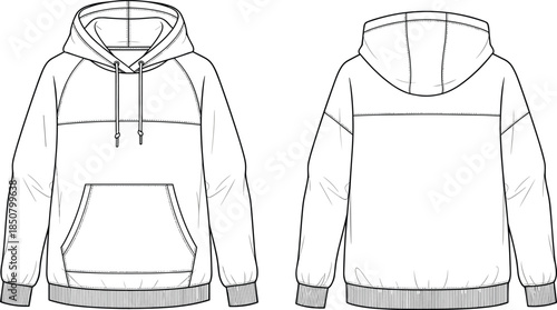 Pullover hoodie technical fashion sketch, front back view kangaroo pocket casual apparel design template, cad drawing flat vector illustration