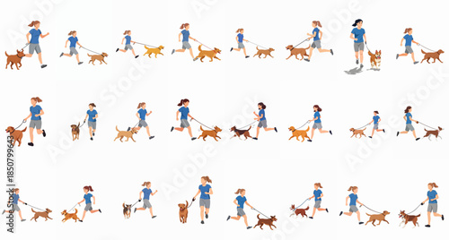 Diverse set of female characters jogging with various dog breeds on leashes, representing outdoor exercise and pet companionship vector collection.