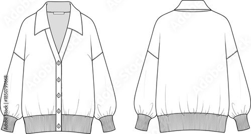 Women button front cardigan technical fashion sketch, front back view knitwear apparel design template, cad drawing flat vector illustration