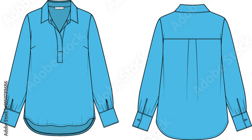 Women long sleeve blouse technical fashion sketch, front back view collared shirt apparel design, cad drawing flat vector illustration