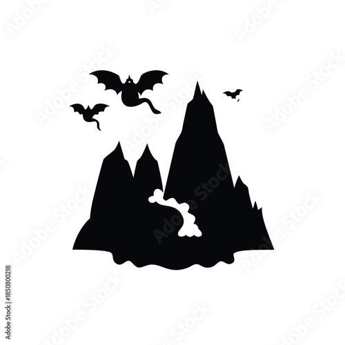 Floating mountains and mythical creatures silhouette