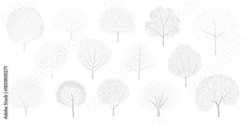 Various trees rendered in grey stippling on a white background.