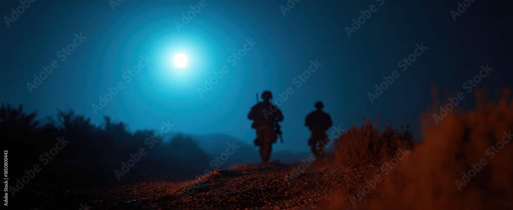 Naklejka premium Night operation training with soldiers stealthily advancing across rugged and shadowy terrain