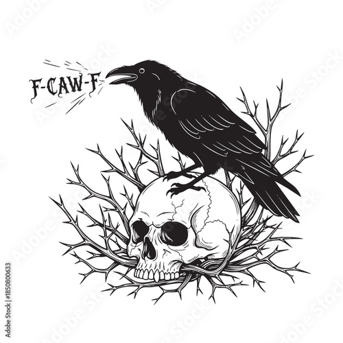 Black Crow Sitting on Skull with Thorns in a Dark Artistic Style