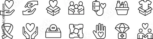 Charity and Donation Icons Collection Set Featuring Heart Hands People Blood Donation Food Box Ribbon Coin Box Puzzle and Parachute for Social Cause Campaigns