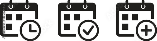 Collection of Calendar Icons with Schedule Symbols Representing Time Management Task Completion and Adding New Events Isolated on Transparent Background Vector Illustration