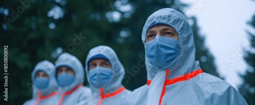The team in protective suits faces the urgent emergency with determined resolve outdoors