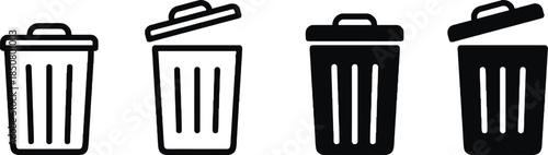 Four Trash Can Icons Representing Waste Management Concepts Minimalist Designs with Lids Open and Closed for Recycling and Cleanliness Environmentally Themed Graphics