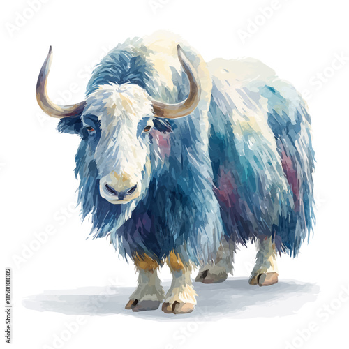 Watercolor isometric vector-style illustration of Yak, isolated on white background.