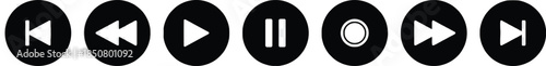 Media player control set with rewind play pause stop fast forward and end vector icons in simple outline and solid styles on transparent background 200 characters max