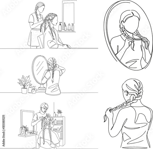 Line drawing of a woman styling hair in a beauty salon, looking in the mirror, with plants and products on the table, isolated on transparent background