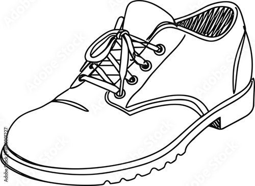 Line drawing of a classic leather shoe with laces isolated on a transparent background, showcasing detailed stitching and a comfortable sole in a simple, elegant style.