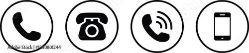 Set of Communication Icon in Circle Black Outline Contact Us Symbol Customer Service Hotline Number Telephone Cellphone Receiver Old Phone Modern Phone