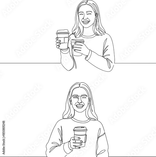 Line drawing of a smiling woman holding coffee cups in each hand standing indoors on a light background with simple outlines for a minimalist artistic effect